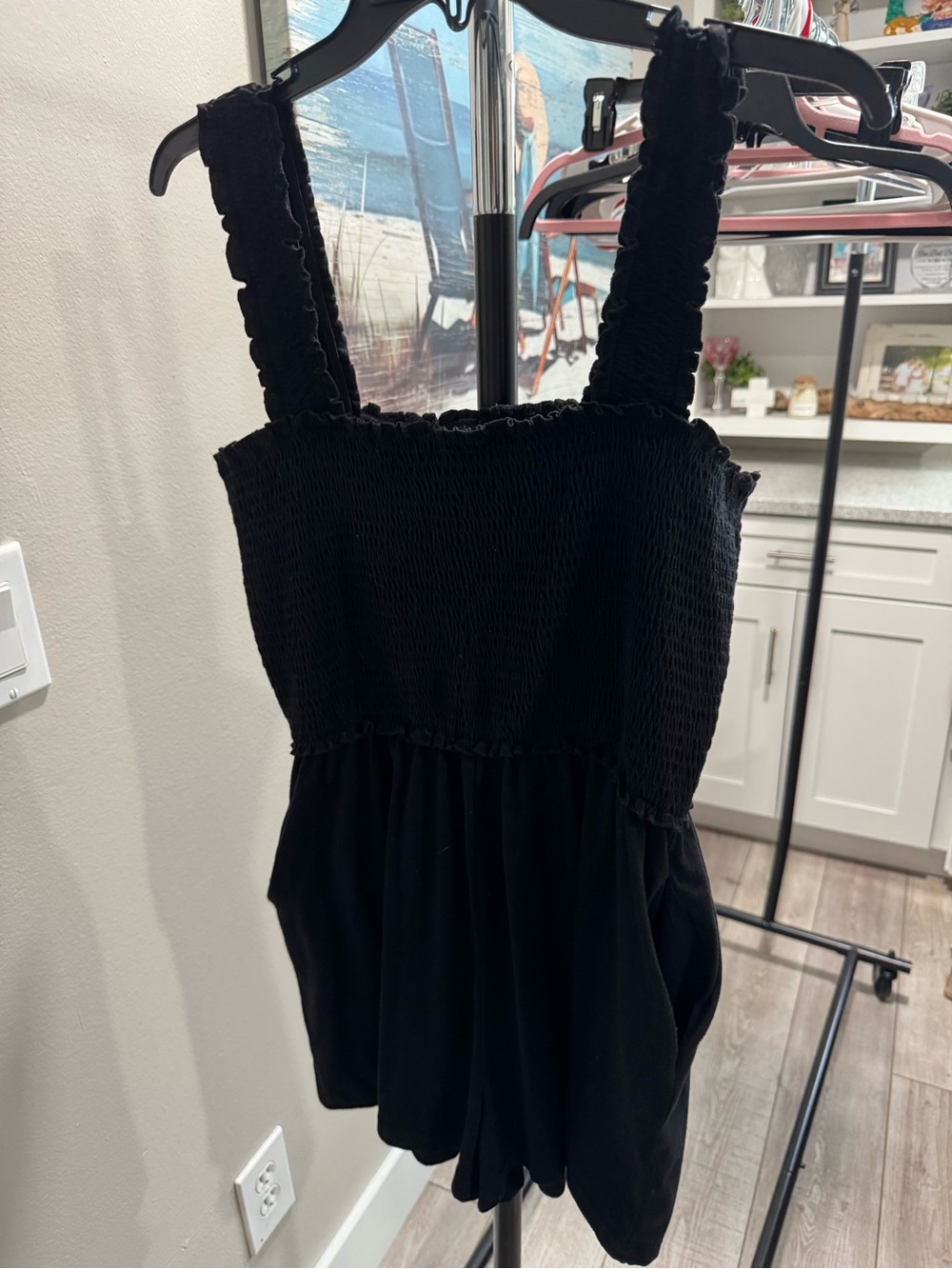 Black Smocked Tank Top Romper - Women
